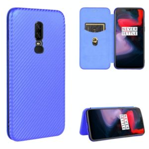 For OnePlus 6 Carbon Fiber Texture Horizontal Flip TPU + PC + PU Leather Case with Card Slot(Blue) (OEM)