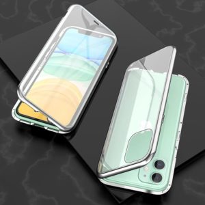 For iPhone 11 Ultra Slim Double Sides Magnetic Adsorption Angular Frame Tempered Glass Magnet Flip Case(Silver) (OEM)