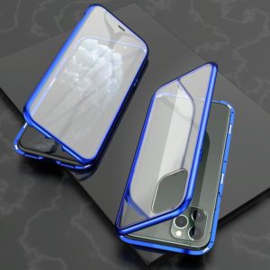 For iPhone 11 Pro Ultra Slim Double Sides Magnetic Adsorption Angular Frame Tempered Glass Magnet Flip Case(Blue) (OEM)