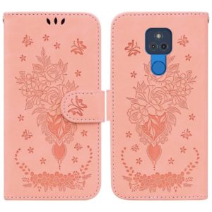 For Motorola Moto G Play 2021 Butterfly Rose Embossed Leather Phone Case(Pink) (OEM)