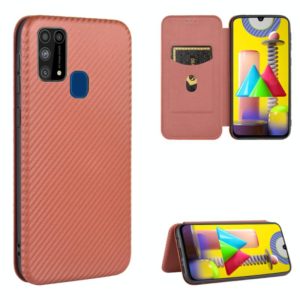 For Samsung Galaxy M31 Carbon Fiber Texture Horizontal Flip TPU + PC + PU Leather Case with Rope & Card Slot(Brown) (OEM)