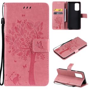 For OnePlus 9 Tree & Cat Pattern Pressed Printing Horizontal Flip PU Leather Case with Holder & Card Slots & Wallet & Lanyard(Pink) (OEM)