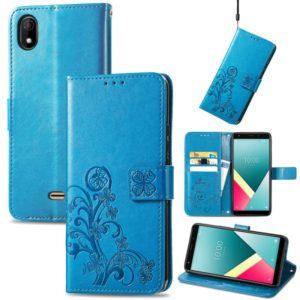 For Wiko Y61 Four-leaf Clasp Embossed Buckle Mobile Phone Protection Leather Case with Lanyard & Card Slot & Wallet & Bracket Function(Blue) (OEM)