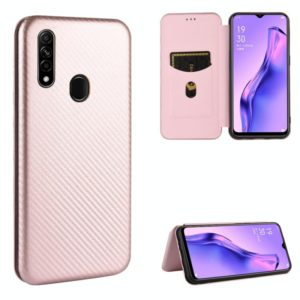 For OPPO A8 / A31 (2020) Carbon Fiber Texture Horizontal Flip TPU + PC + PU Leather Case with Card Slot(Pink) (OEM)