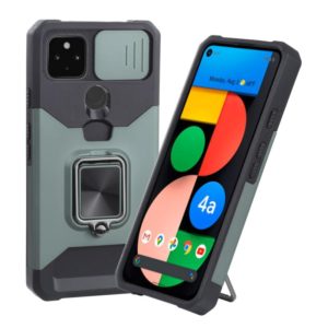 For Google Pixel 5a 5G Sliding Camera Cover Design PC + TPU Shockproof Case with Ring Holder & Card Slot(Dark Green) (OEM)