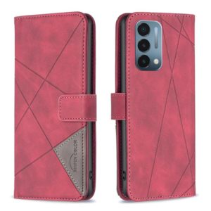 For OnePlus Nord N200 5G BF05 Magnetic Buckle Rhombus Texture Leather Phone Case(Red) (OEM)