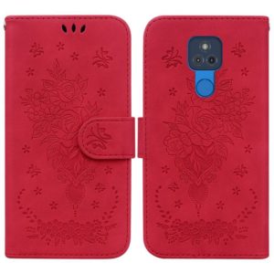 For Motorola Moto G Play 2021 Butterfly Rose Embossed Leather Phone Case(Red) (OEM)