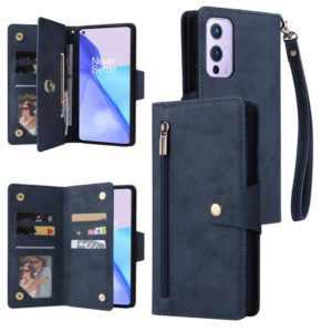 For OnePlus 9 Rivet Buckle 9 Cards Three Fold Leather Phone Case(Blue) (OEM)