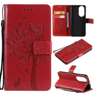 For Huawei P50 Tree & Cat Pattern Pressed Printing Horizontal Flip PU Leather Case with Holder & Card Slots & Wallet & Lanyard(Red) (OEM)