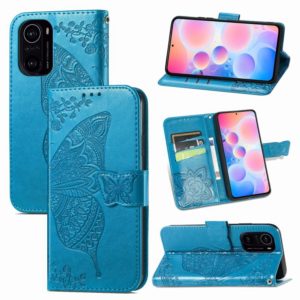 For Xiaomi Redmi K40 /K40 Pro /K40 Pro+ Butterfly Love Flowers Embossed Horizontal Flip Leather Case with Holder & Card Slots & Wallet & Lanyard(Blue) (OEM)