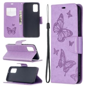 For Samsung Galaxy A02s (EU Version) Embossing Two Butterflies Pattern Horizontal Flip PU Leather Case with Holder & Card Slot & Wallet & Lanyard(Purple) (OEM)