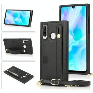 For Huawei P30 Lite Wrist Strap PU+TPU Shockproof Protective Case with Crossbody Lanyard & Holder & Card Slot(Black) (OEM)