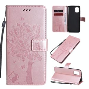 For Samsung Galaxy A31 Tree & Cat Embossed Pattern Horizontal Flip Leather Case with Holder & Card Slots & Wallet & Lanyard(Rose Gold) (OEM)