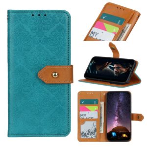 For LG K52 / K62 / Q52 European Floral Embossed Copper Buckle Horizontal Flip PU Leather Case with Holder & Card Slots & Wallet & Photo Frame(Blue) (OEM)