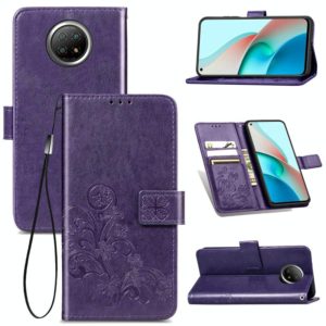 For Xiaomi Redmi Note 9 5G Four-leaf Clasp Embossed Buckle Mobile Phone Protection Leather Case with Lanyard & Card Slot & Wallet & Bracket Function(Purple) (OEM)