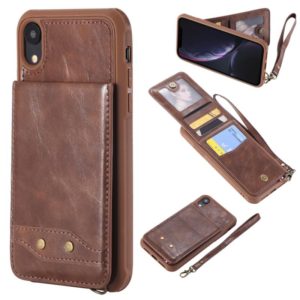 For iPhone XR Vertical Flip Shockproof Leather Protective Case with Short Rope, Support Card Slots & Bracket & Photo Holder & Wallet Function(Coffee) (OEM)