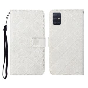 For Samsung Galaxy A51 Ethnic Style Embossed Pattern Horizontal Flip Leather Case with Holder & Card Slots & Wallet & Lanyard(White) (OEM)