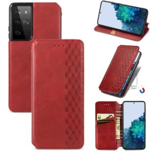 For Samsung Galaxy S21 Ultra 5G Cubic Grid Pressed Horizontal Flip Magnetic PU Leather Case with Holder & Card Slots & Wallet(Red) (OEM)