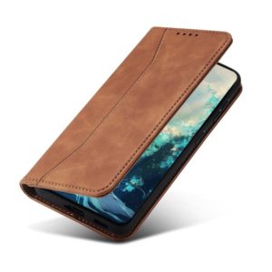 For Xiaomi Poco X3 NFC Skin-feel Calfskin Texture Magnetic Dual-Fold Horizontal Flip Leather Case with Holder & Card Slots & Wallet(Brown) (OEM)