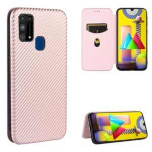 For Samsung Galaxy M31 Carbon Fiber Texture Horizontal Flip TPU + PC + PU Leather Case with Rope & Card Slot(Pink) (OEM)