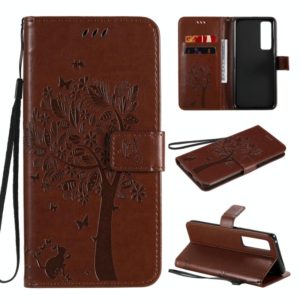For Huawei Nova 7 Pro Tree & Cat Embossed Pattern Horizontal Flip Leather Case with Holder & Card Slots & Wallet & Lanyard(Coffee) (OEM)
