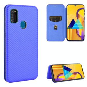 For Samsung Galaxy M30s / M21 Carbon Fiber Texture Horizontal Flip TPU + PC + PU Leather Case with Rope & Card Slot(Blue) (OEM)