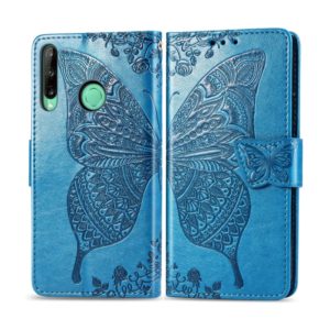 For Huawei Y7P Butterfly Love Flower Embossed Horizontal Flip Leather Case with Bracket / Card Slot / Wallet / Lanyard(Blue) (OEM)