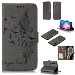 Feather Pattern Litchi Texture Horizontal Flip Leather Case with Wallet & Holder & Card Slots For Xiaomi Mi 9(Gray) (OEM)