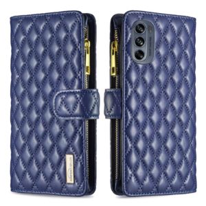 For Motorola Moto G62 Diamond Lattice Zipper Wallet Leather Flip Phone Case(Blue) (OEM)