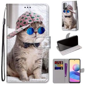 For Xiaomi Redmi Note 10 5G Coloured Drawing Cross Texture Horizontal Flip PU Leather Case with Holder & Card Slots & Wallet & Lanyard(Slant Hat Blue Mirror Cat) (OEM)