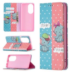 For Huawei P50 Colored Drawing Pattern Invisible Magnetic Horizontal Flip PU Leather Case with Holder & Card Slots & Wallet(Elephant) (OEM)