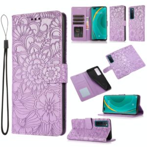 For Huawei nova 7 Pro 5G Skin Feel Embossed Sunflower Horizontal Flip Leather Case with Holder & Card Slots & Wallet & Lanyard(Purple) (OEM)