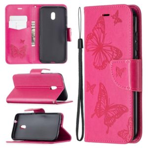 For Nokia C1 Plus Two Butterflies Embossing Pattern Horizontal Flip Leather Case with Holder & Card Slot & Wallet & Lanyard(Rose Red) (OEM)