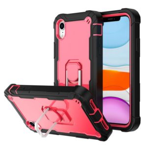 For iPhone XR PC + Rubber 3-layers Shockproof Protective Case with Rotating Holder(Black + Rose Red) (OEM)