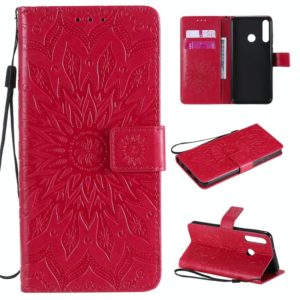 For Huawei Y6p Embossed Sunflower Pattern Horizontal Flip PU Leather Case with Holder & Card Slots & Wallet & Lanyard(Red) (OEM)