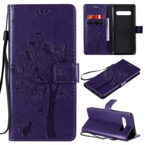 For LG V60 ThinQ 5G Tree & Cat Embossed Pattern Horizontal Flip Leather Case with Holder & Card Slots & Wallet & Lanyard(Purple) (OEM)