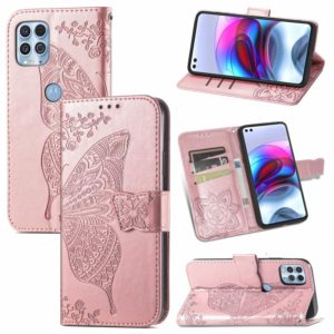 For Motorola Edge S Butterfly Love Flowers Embossed Horizontal Flip Leather Case with Holder & Card Slots & Wallet & Lanyard(Rose Gold) (OEM)