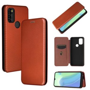 For Blackview A70 (2021) Carbon Fiber Texture Horizontal Flip TPU + PC + PU Leather Case with Card Slot(Brown) (OEM)