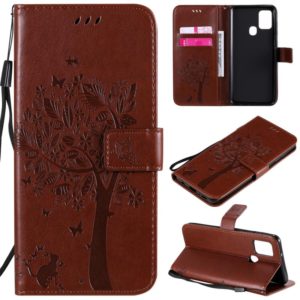 For Samsung Galaxy A21s Tree & Cat Embossed Pattern Horizontal Flip Leather Case with Holder & Card Slots & Wallet & Lanyard(Coffee) (OEM)