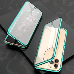For iPhone 11 Pro Max Ultra Slim Double Sides Magnetic Adsorption Angular Frame Tempered Glass Magnet Flip Case(Green) (OEM)