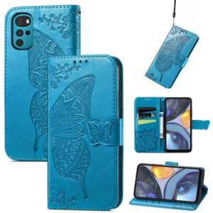 For Motorola Moto G22 Butterfly Love Flower Embossed Leather Phone Case(Blue) (OEM)
