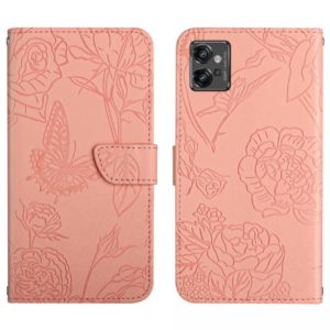 For Motorola Moto G32 HT03 Skin Feel Butterfly Embossed Flip Leather Phone Case(Pink) (OEM)