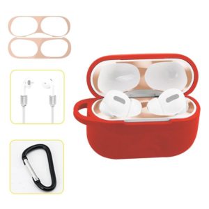 For AirPods Pro Silicone Wireless Earphone Protective Case Storage Box with Hook & Anti-drop Rope(Red+Blush Gold Inner Sticker) (OEM)
