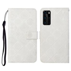 For Huawei P40 Ethnic Style Embossed Pattern Horizontal Flip Leather Case with Holder & Card Slots & Wallet & Lanyard(White) (OEM)