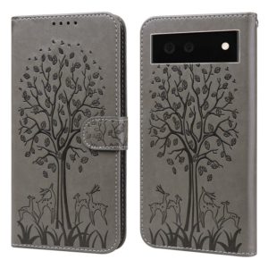 For Google Pixel 6 Tree & Deer Pattern Pressed Printing Horizontal Flip Leather Phone Case(Grey) (OEM)