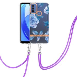 For Motorola Moto E20 / E30 / E40 Flowers Series TPU Phone Case with Lanyard(Blue Peony) (OEM)