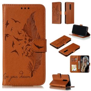 Feather Pattern Litchi Texture Horizontal Flip Leather Case with Wallet & Holder & Card Slots For OnePlus 7 Pro(Brown) (OEM)