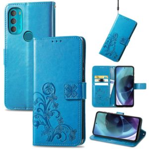 For Motorola Moto G71 5G Four-leaf Clasp Embossed Buckle Leather Phone Case(Blue) (OEM)