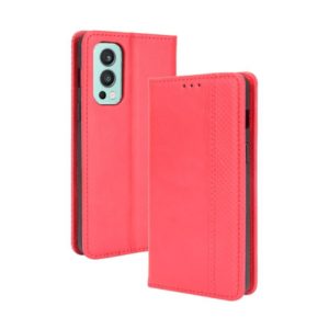 For OnePlus Nord 2 5G Magnetic Buckle Retro Crazy Horse Texture Horizontal Flip Leather Case with Holder & Card Slots & Photo Frame(Red) (OEM)