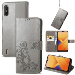 For Wiko Y81 Four-leaf Clasp Embossed Buckle Mobile Phone Protection Leather Case with Lanyard & Card Slot & Wallet & Bracket Function(Gray) (OEM)